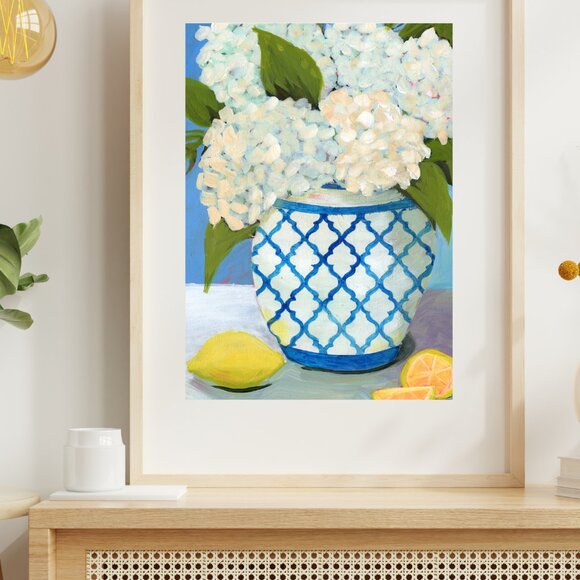 Farmhouse Style Hydrangea Painting White & Blue Vase Floral Decor Fashion Art - Picture 8 of 9
